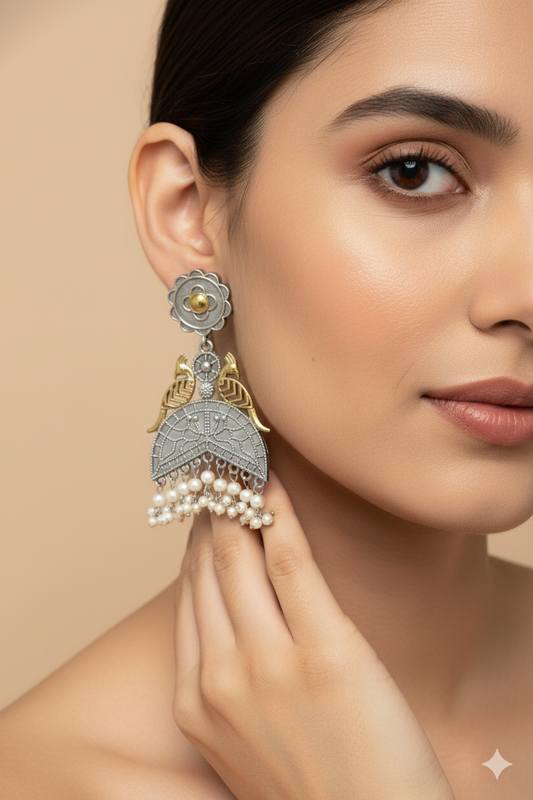 Dual Peacock Oxidised German Silver Earrings with Pearl Drops – Antique Gold & Silver Finish