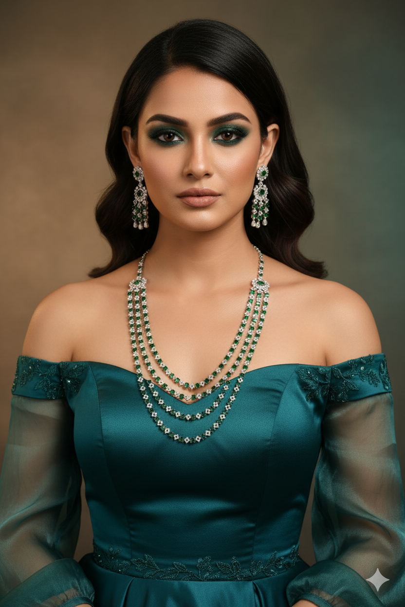 Emerald Layered Ranihaar Style Necklace Set