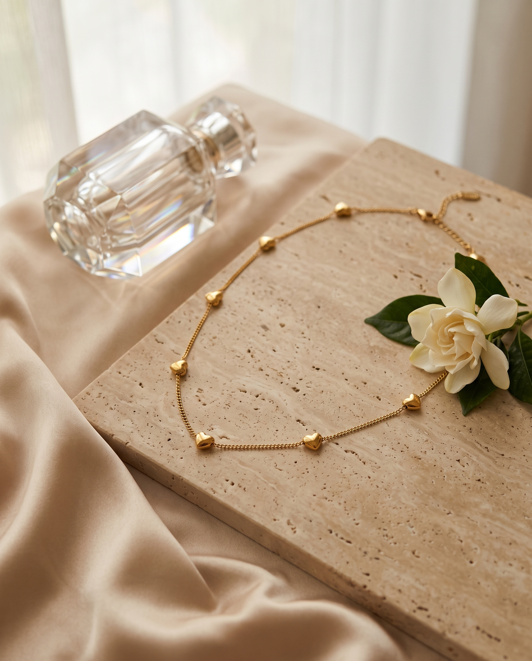 Heart station chain necklace, gold plated titanium steel – styled on jewelry stand