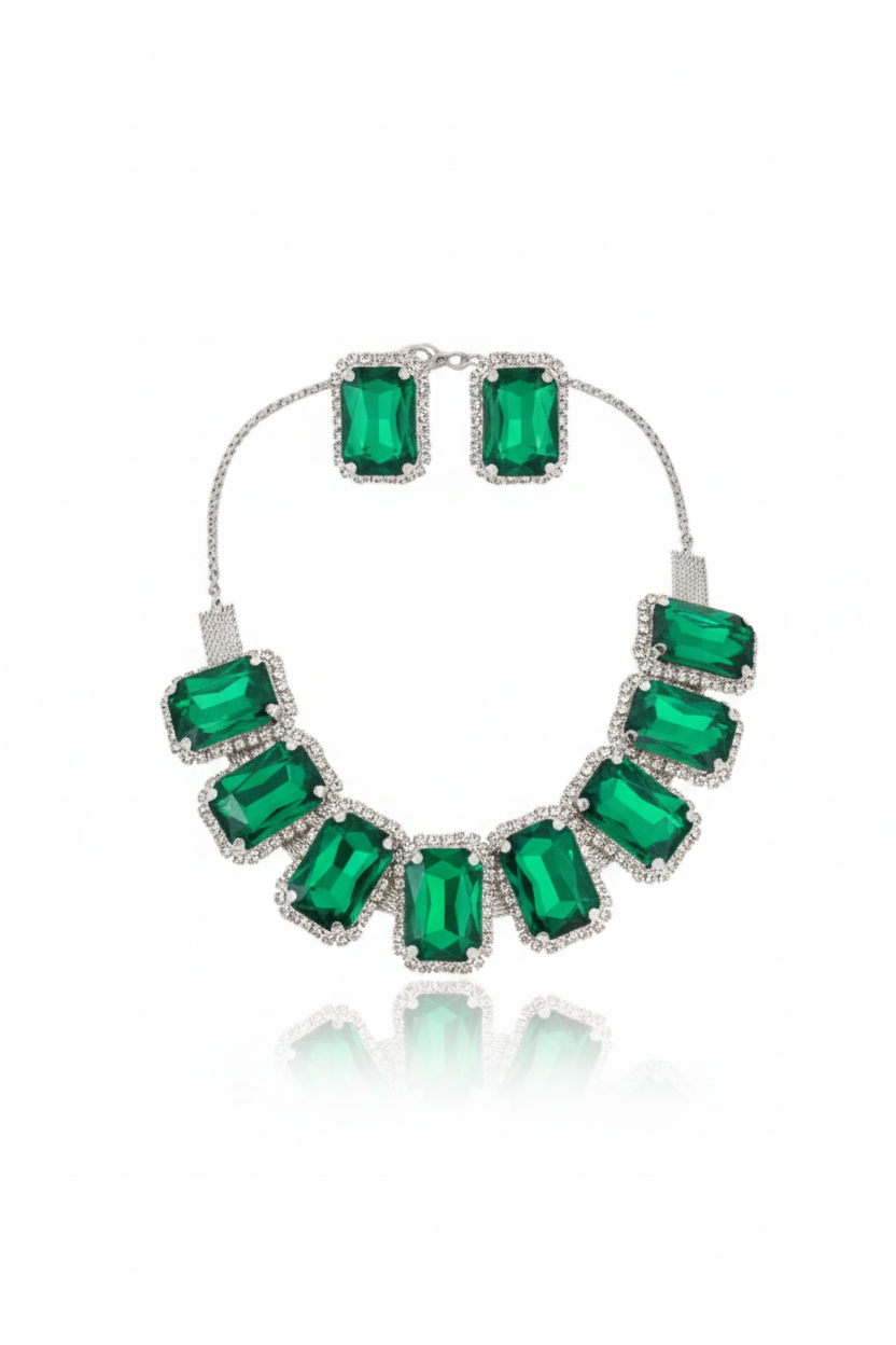 Korean Green Rectangular Glass Stone Glass & AD Stone Necklace Set | Rhodium Plated Statement Jewelry with Earrings