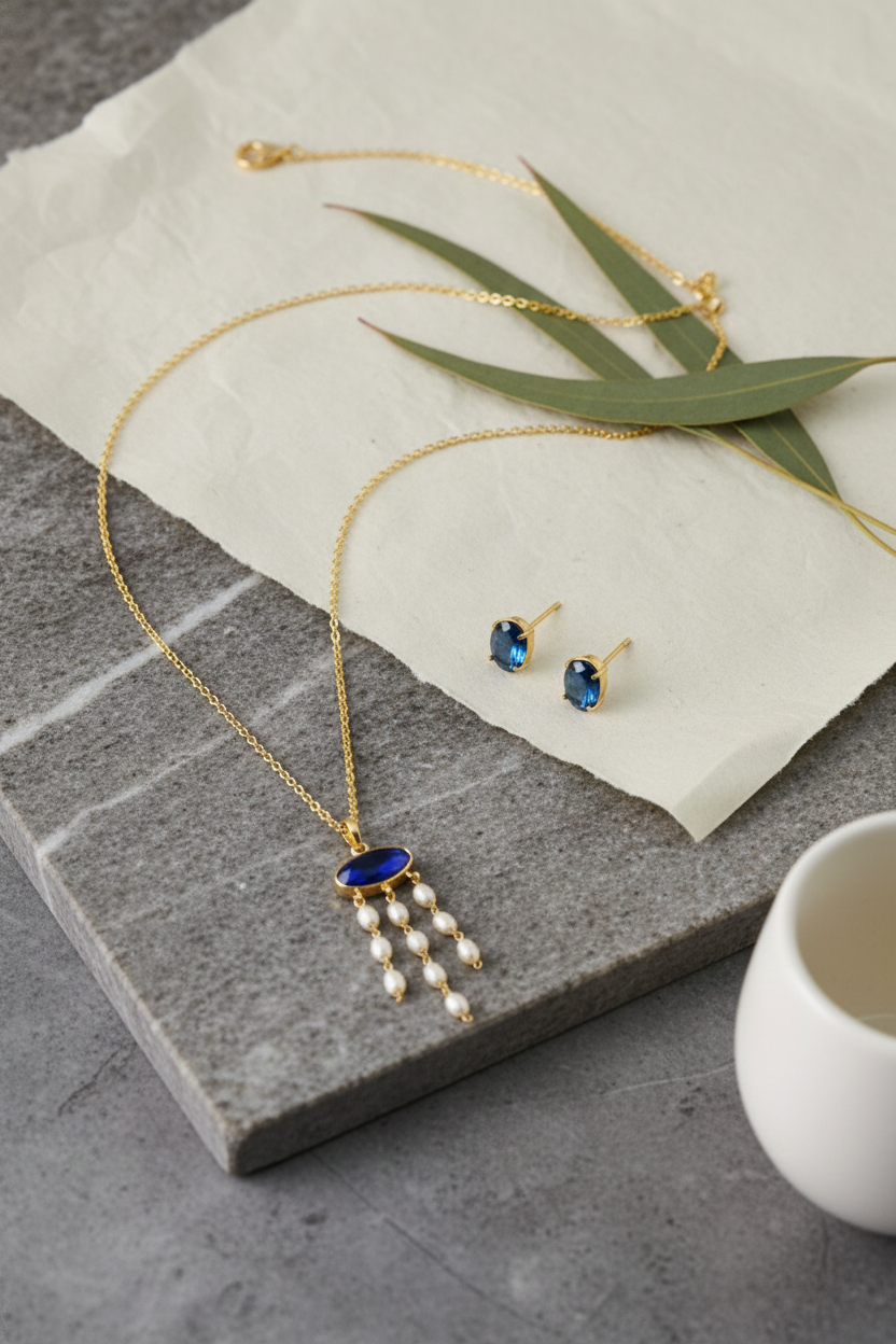 Blue Natural Stone Pearl Tassel Pendant Necklace – Gold Plated Brass Elegant Jewelry