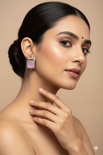 Pink Monalisa Rectangle Oxidised German Silver Earrings with Deer Motif