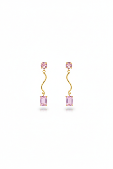 Wavy Bar Drop Earrings with Rose Emerald‑Cut Stone | Natural Stone, Gold‑Plated Brass