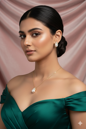 Royal Pearl Drop Pendant Set - White Pearl Necklace & Earrings | Gold Plated Luxury Finish