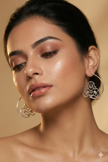 Floral Filigree Crescent Oxidised German Silver Earrings | Artistic Antique Statement Earrings