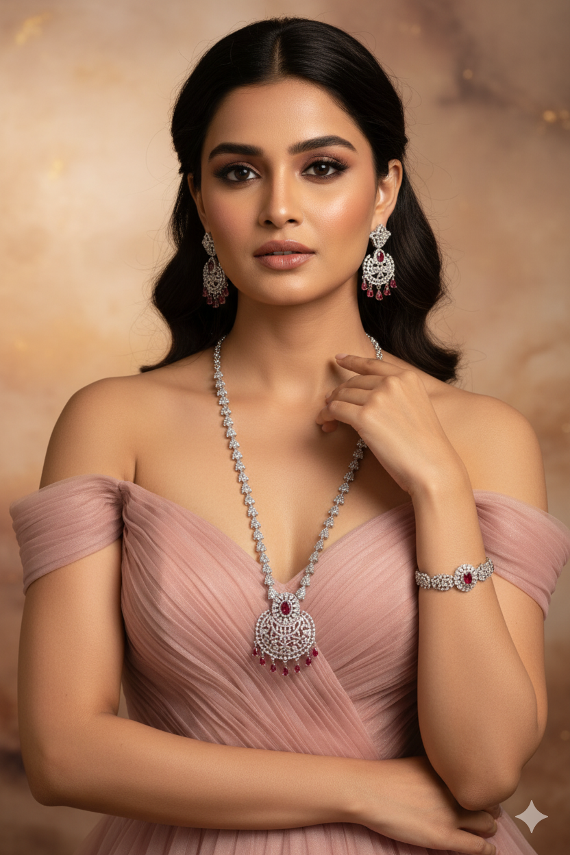 Ruby Chandelier Bridal AD Necklace Set