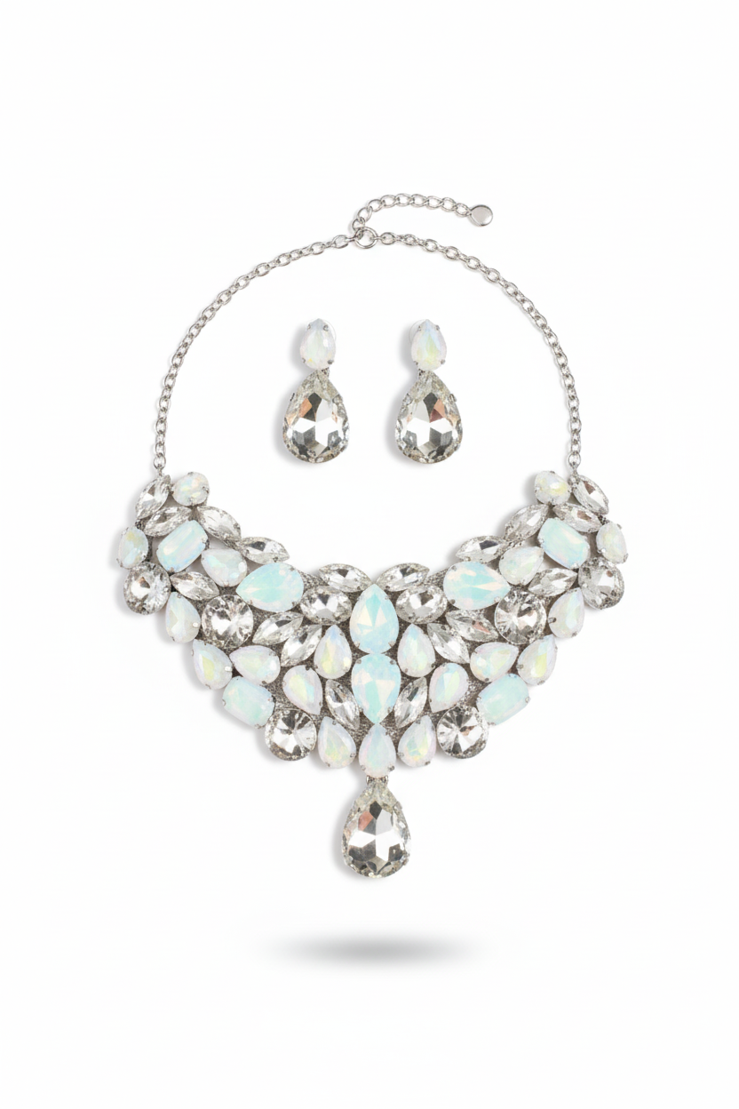Korean White Glass Stone Jewelry Necklace Set | Rhodium Plated Crystal Bridal Jewelry with Earrings