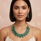 Emerald Green Korean Glass Stone Jewelry Necklace Set | Rhodium Plated Wedding & Party Jewelry with Earrings