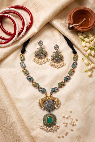 Royal Aqua Dual-Tone Peacock Necklace Set