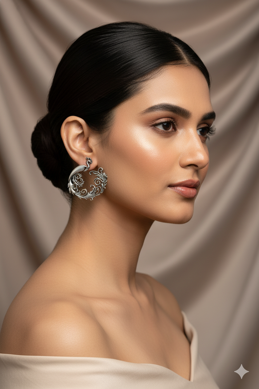 Oxidised German Silver Peacock Openwork Hoop Earrings