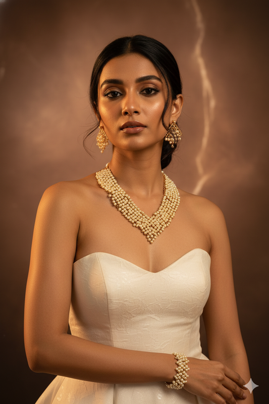 Classic Pearl Cluster Necklace Set with Jhumka Earrings