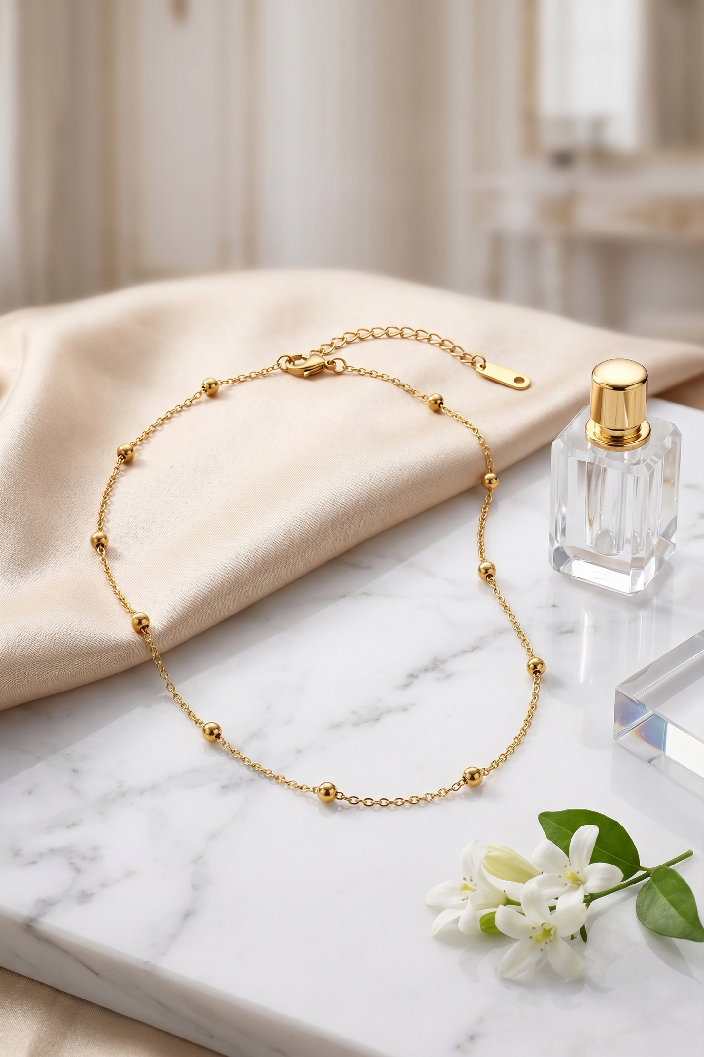 Dainty gold bead station chain necklace, 18K gold plated – worn styled shot