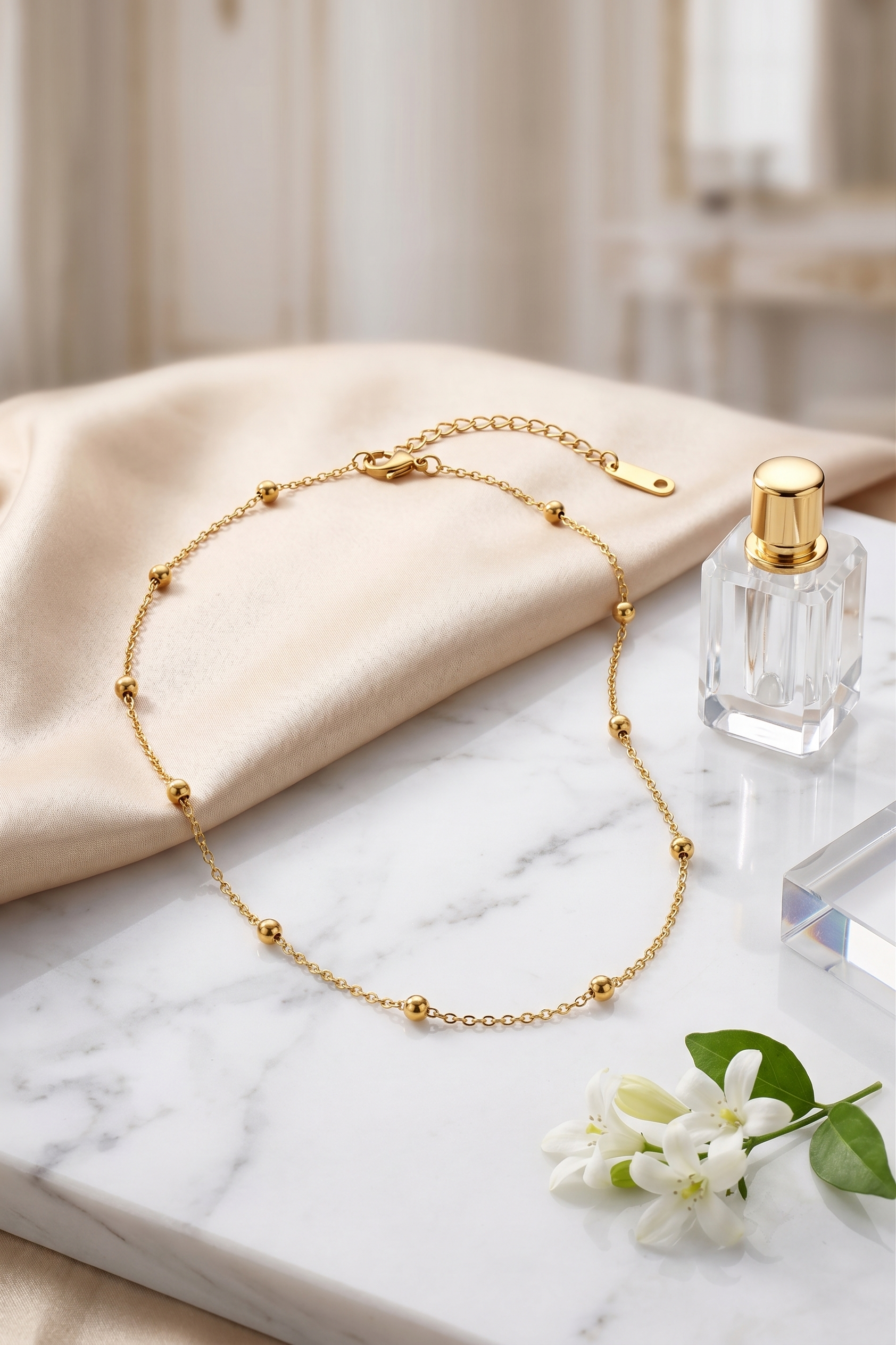 Dainty gold bead station chain necklace, 18K gold plated – worn styled shot