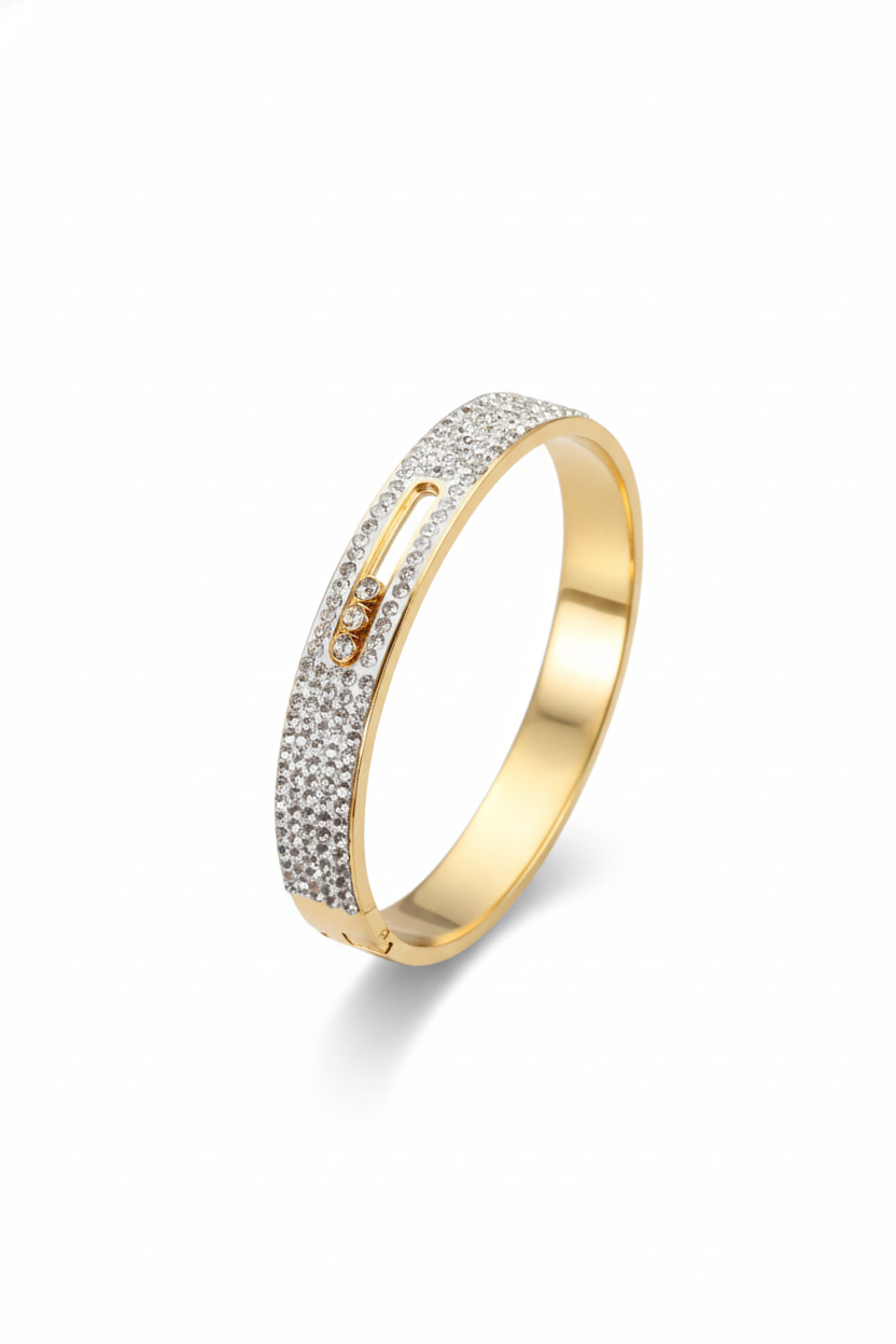 Anti-Tarnish Stainless Steel Bracelet — Gold Crystal Pavé Accent Bangle