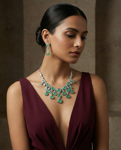 Mint Green Oval Drop Necklace Set with Crystal Detailing | Elegant Party Jewellery