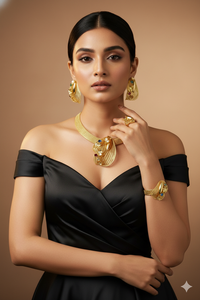 Gold Plated Shell‑Leaf Motif AD Jewellery Set with Coloured Stones (Necklace, Earrings, Ring) | Anti‑Tarnish – anti-tarnish necklace set for women India – MaxiBlink