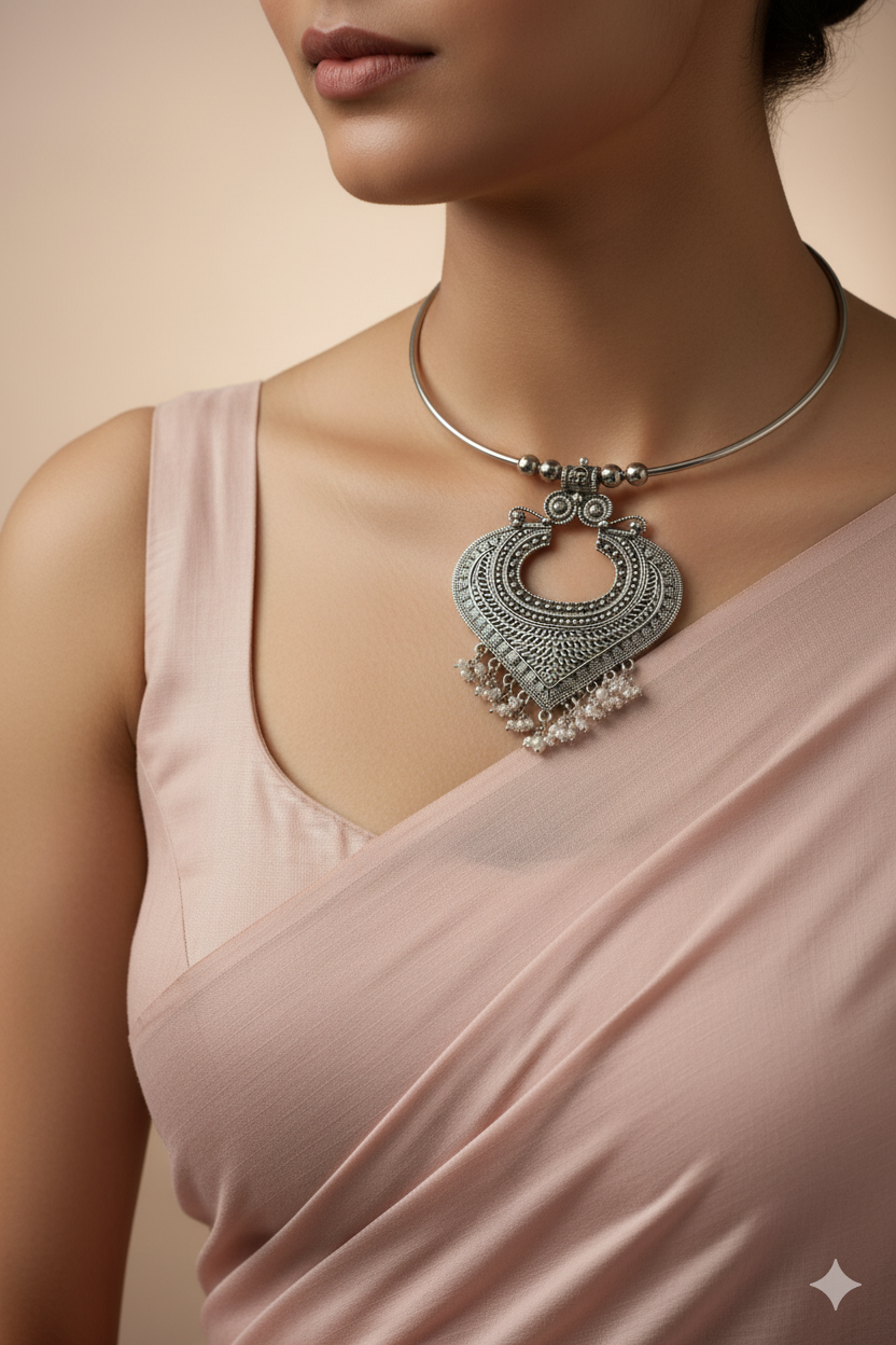 Oxidised German Silver Hansli Necklace with Heart Motif & Ghungroo Drops | Tribal Statement Choker