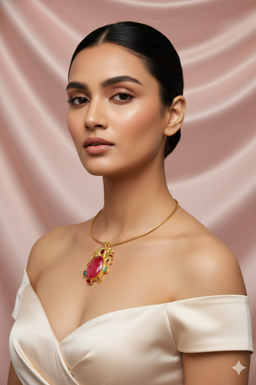 Hansuli Necklace with Bird Motif & Pink Druzy Pendant | Brass Anti Tarnish | Lightweight