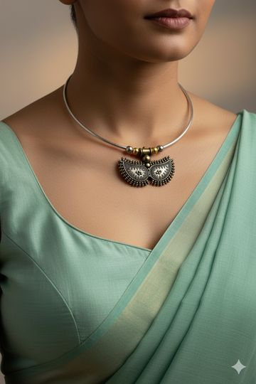 Dual Tone Oxidised German Silver Crescent Tribal Hansuli Necklace