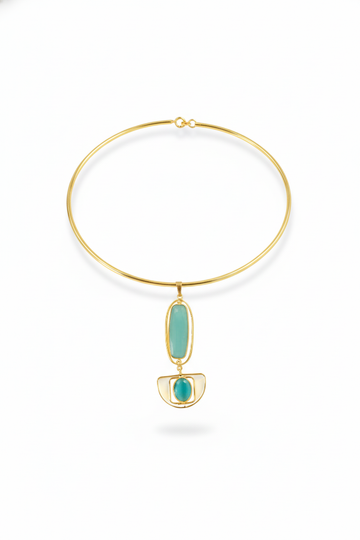 Hansuli Necklace with Art‑Deco Aqua Pendant | Brass Anti Tarnish | Lightweight