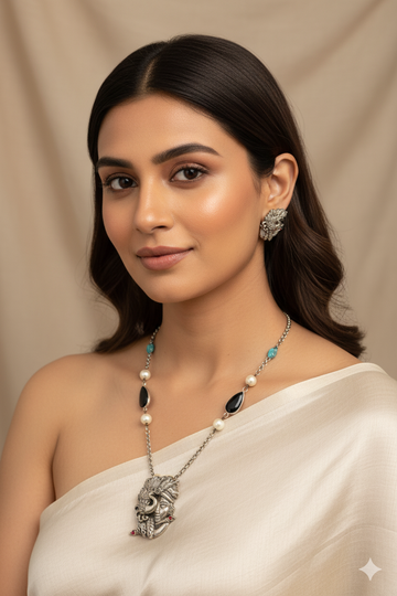 Krishna–Peacock Relief Pendant Set with Beaded Chain | Oxidised German Silver