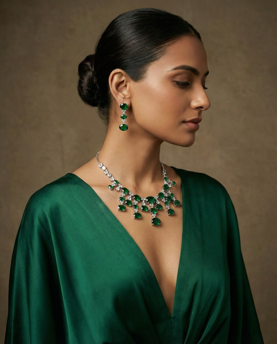 Emerald Oval Drop Necklace Set with Crystal Accents | Royal Statement Jewellery