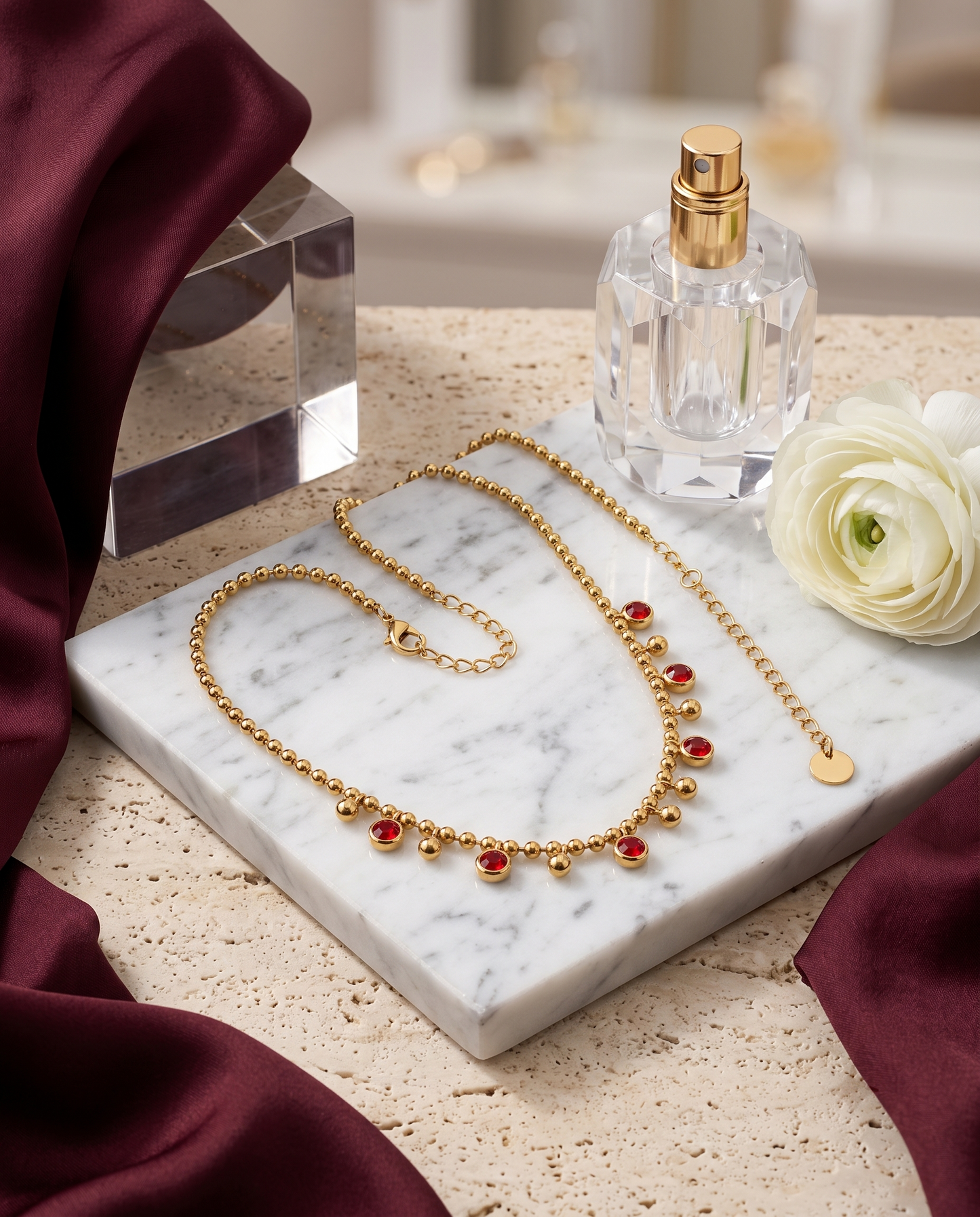 Red crystal ball chain necklace, gold plated titanium steel – worn styled shot