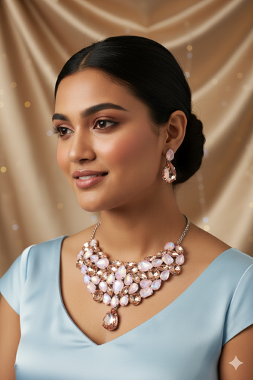 Korean Peach Pink Glass Stone Jewelry Necklace & Earrings Set | Rhodium Plated Luxury Party Jewelry