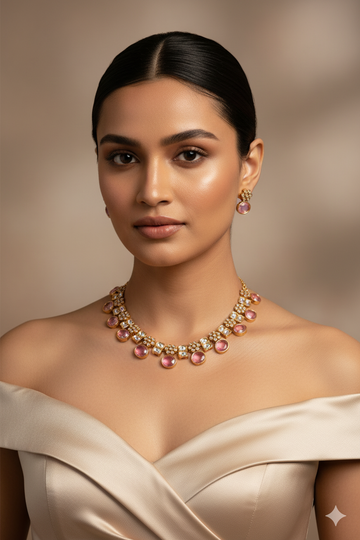 Antique Temple Necklace Set with Pastel Lilac & Polki Look Stones