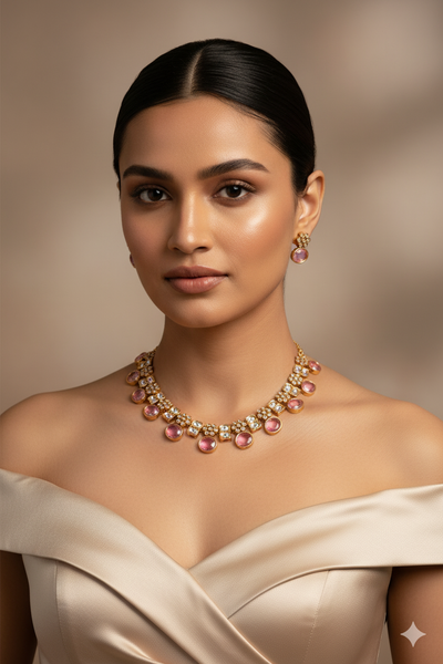 Antique Temple Necklace Set with Pastel Lilac & Polki Look Stones