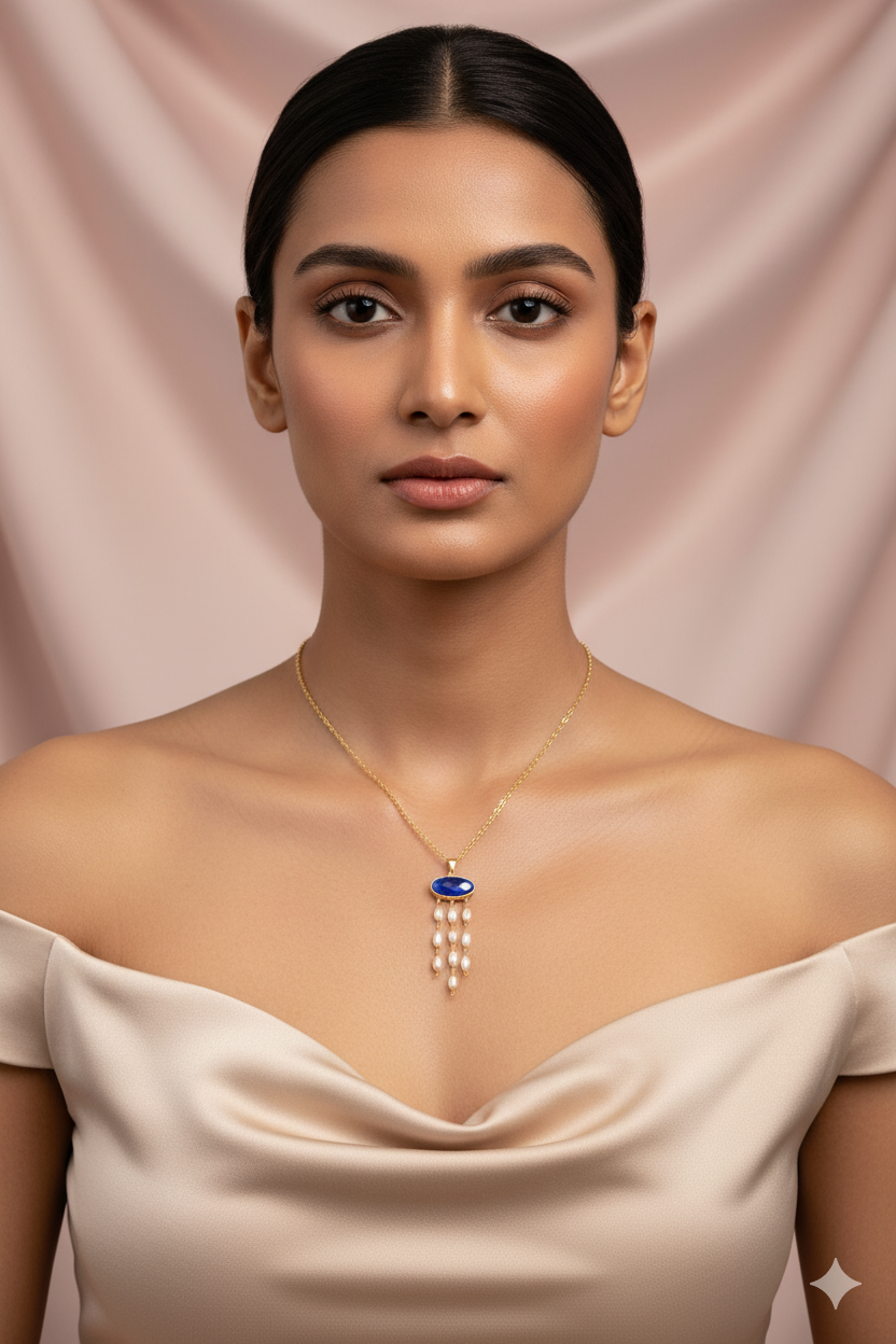 Blue Stone & Pearl Tassel Chain Pendant | Natural Stones, Gold-Plated Brass