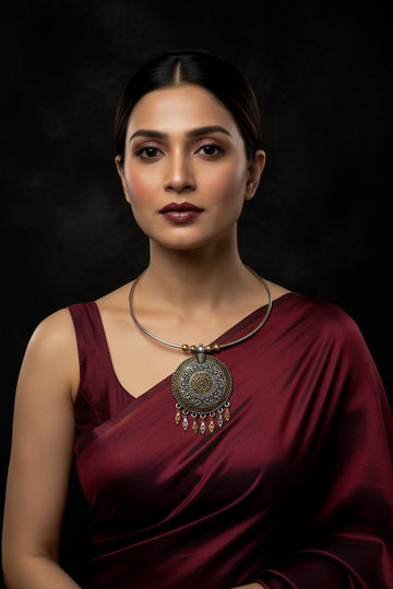 Dual Tone German Silver Hasli/Hansli Necklace – Floral mandala pendant with danglers Oxidised Hansuli Choker for Women