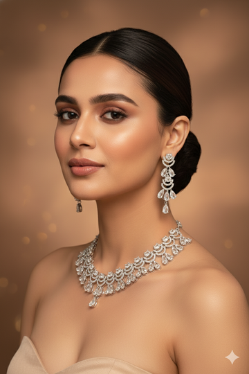 Silver AD Teardrop Crescent Choker Necklace Set with Long Danglers | Bridal & Party Wear