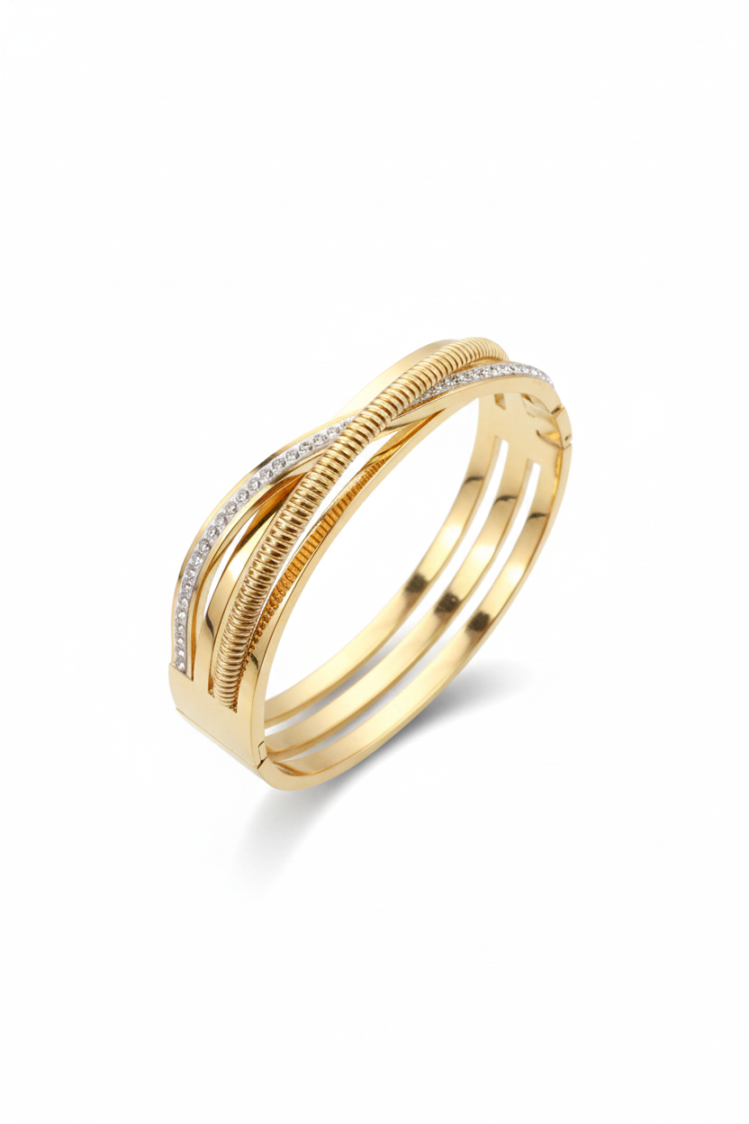 Anti-Tarnish Gold Multi-Layer Textured Cuff Bracelet – Stainless Steel with CZ Accents