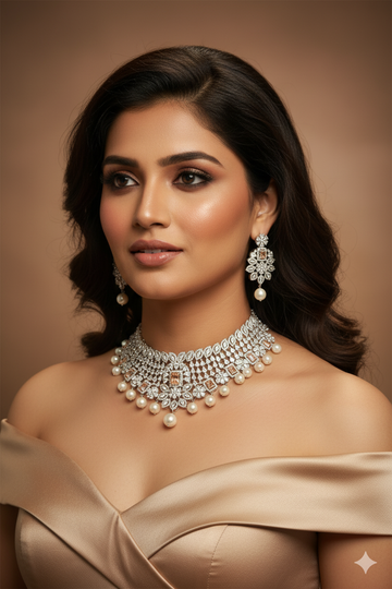 Designer Pearl and Stone Choker Set with Earrings