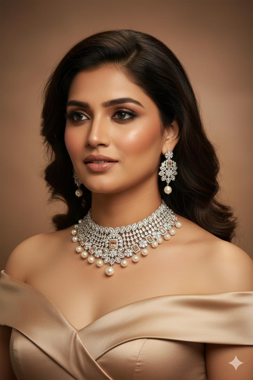 Designer Pearl and Stone Choker Set with Earrings