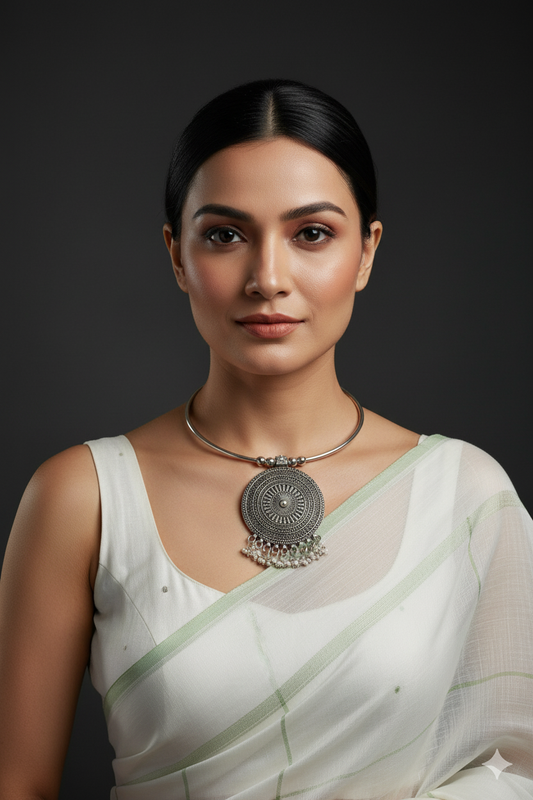 Oxidised German Silver Hansli Necklace with Round Mandala Pendant