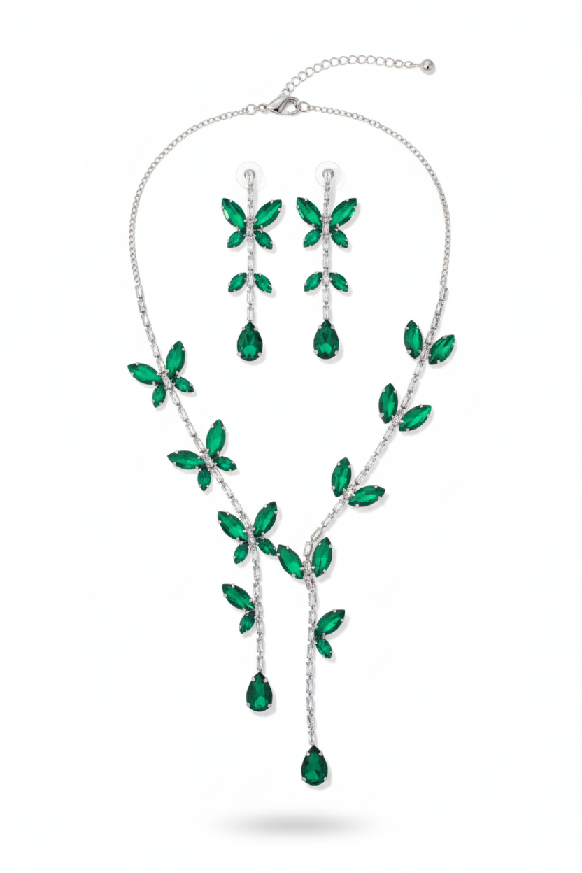 Korean Green Butterfly Glass Stone Jewelry Necklace Set | Rhodium Plated Jewelry with Earrings