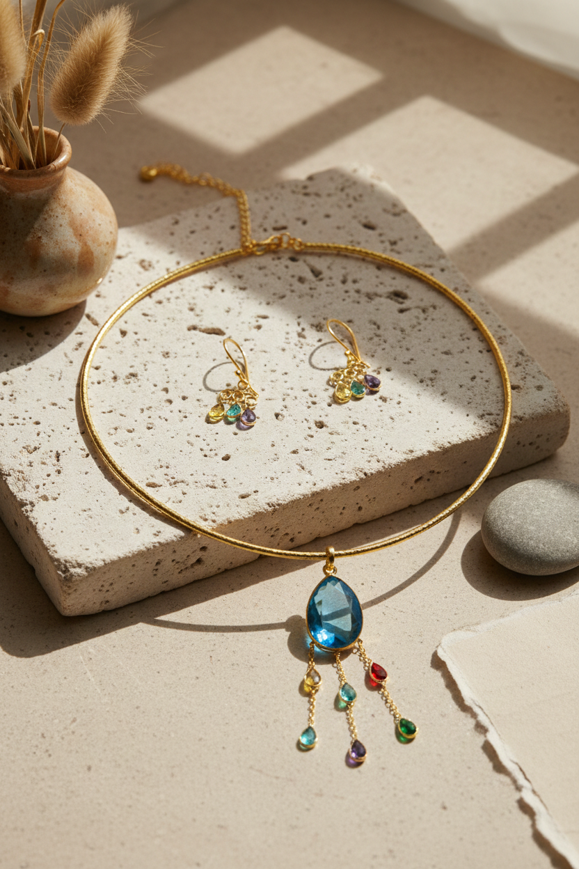 Hansuli Necklace with Blue Pendant & Multicolor Raindrop Dangles – Gold Plated Brass Statement Choker Set