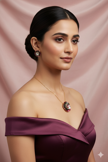 Layered Rose Circle Pendant Set - Red & Grey Enamel Luxury Necklace & Earrings