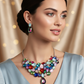 Korean Multicolor Glass Stone Jewelry Necklace Set | Rhodium Plated Statement Fashion Jewelry with Earrings