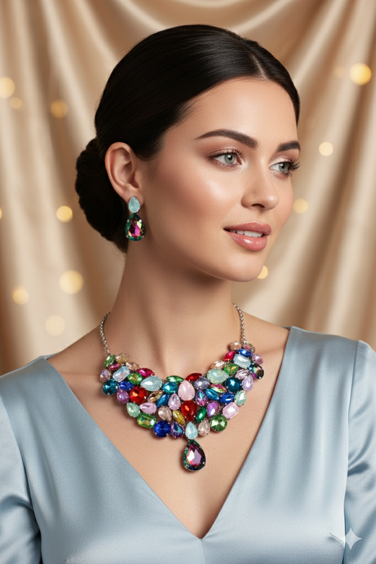 Korean Multicolor Glass Stone Jewelry Necklace Set | Rhodium Plated Statement Fashion Jewelry with Earrings