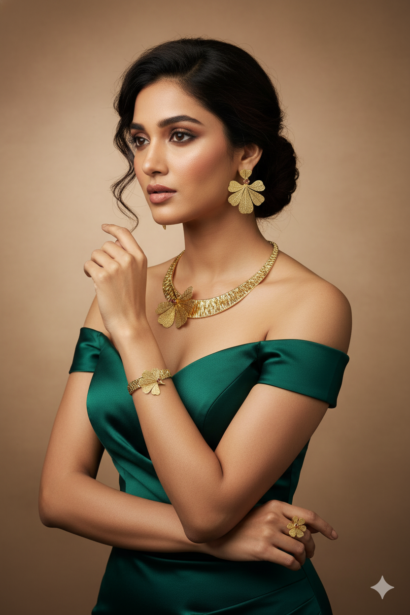 Gold Plated Textured Collar Jewellery Set with Floral Fan Motif | Anti‑Tarnish – anti-tarnish necklace set for women India – MaxiBlink