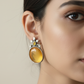 Honey Yellow Monalisa Round Studs with Floral Pearl Accent | Oxidised