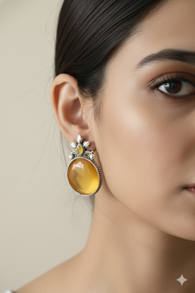 Honey Yellow Monalisa Round Studs with Floral Pearl Accent | Oxidised