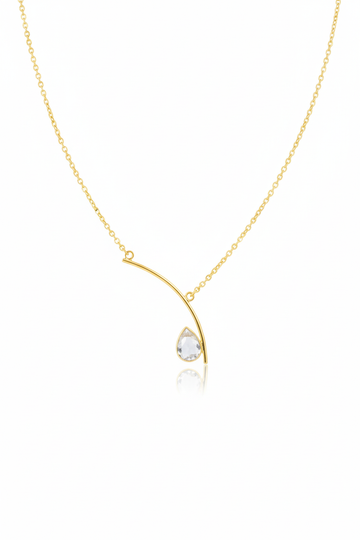 Curved Bar Chain Necklace with Clear Teardrop Natural Stone | Brass Anti Tarnish | Lightweight