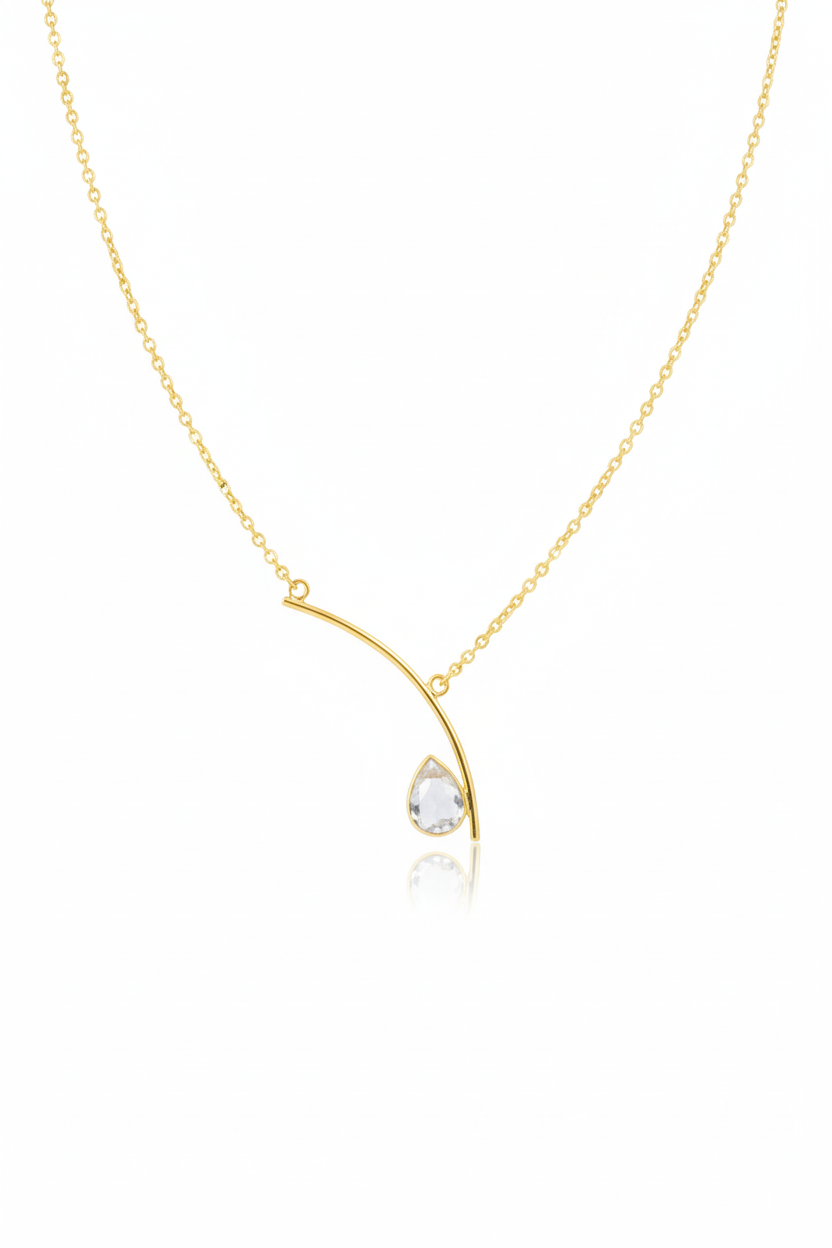 Curved Bar Chain Necklace with Clear Teardrop Natural Stone | Brass Anti Tarnish | Lightweight