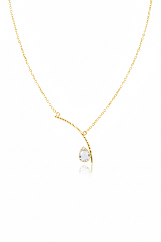 Curved Bar Chain Necklace with Clear Teardrop Natural Stone | Brass Anti Tarnish | Lightweight