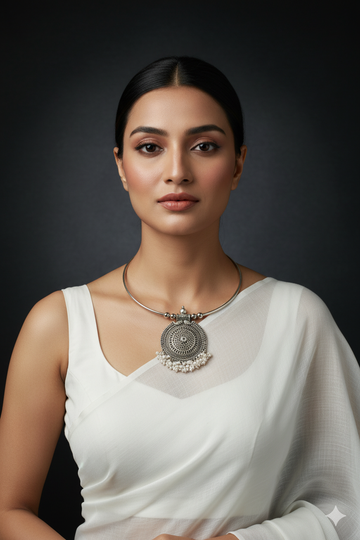 Oxidised German Silver Hansli Necklace with Circular Filigree Pendant