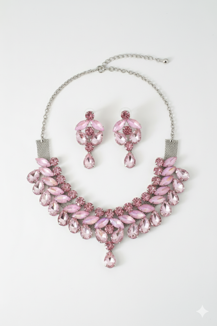 Korean Pink Gradient Glass Stone Jewelry Necklace Set | Luxury Rhodium Plated Bridal & Party Jewelry with Earrings